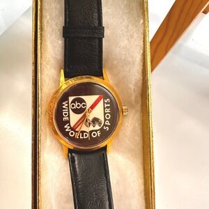 ABC Wide World of Sports Promo Watch Vintage Gold Toned Case Leather Strap Rare